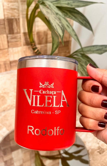 Canecas térmicas 360 ml com alça e tampa transparente em várias cores