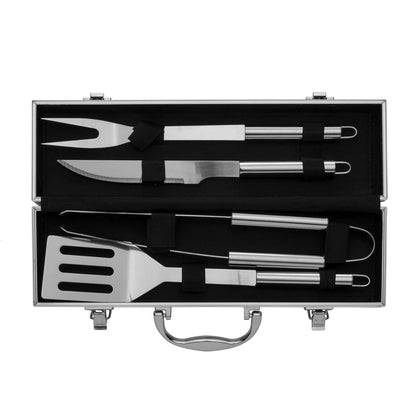 Kit churrasco 4 peças com maleta metálica aberta