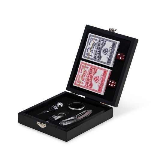 Kit vinho com jogo de baralho, dados e acessórios para vinho